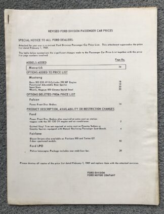 1969 Ford Range Price List Mustang, Fairlane, Falcon, Thunderbird, Maverick