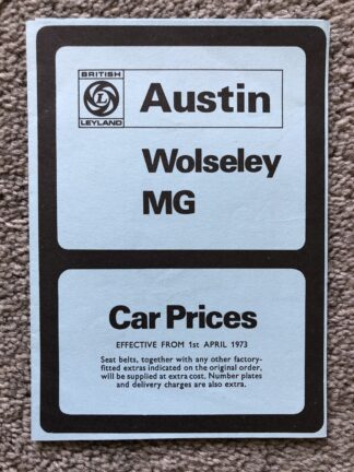 1973 Austin Morris Cars Price List Mini, Maxi, Princess, MG, Wolseley