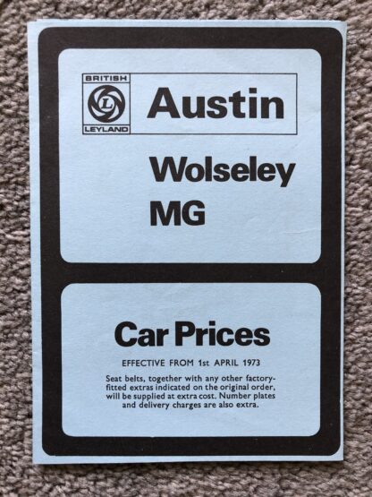 1973 Austin Morris Cars Price List Mini, Maxi, Princess, MG, Wolseley