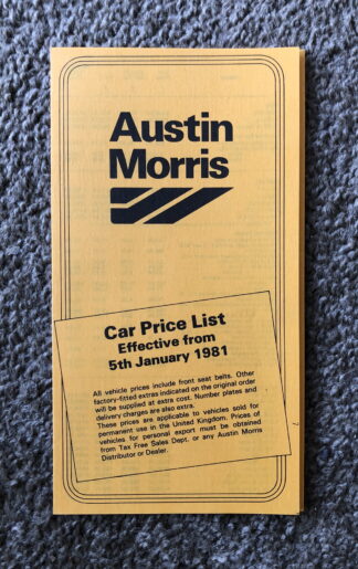 1981 Austin Morris Cars Price List Mini, Metro, Maxi, Princess, Allegro, Ital