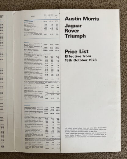 1978 British Leyland Austin Jaguar MG Rover Triumph Price List - Image 3