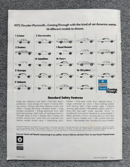 1972 Plymouth Chrysler Range Brochure Valiant, Fury, Barracuda, Satellite - Image 14